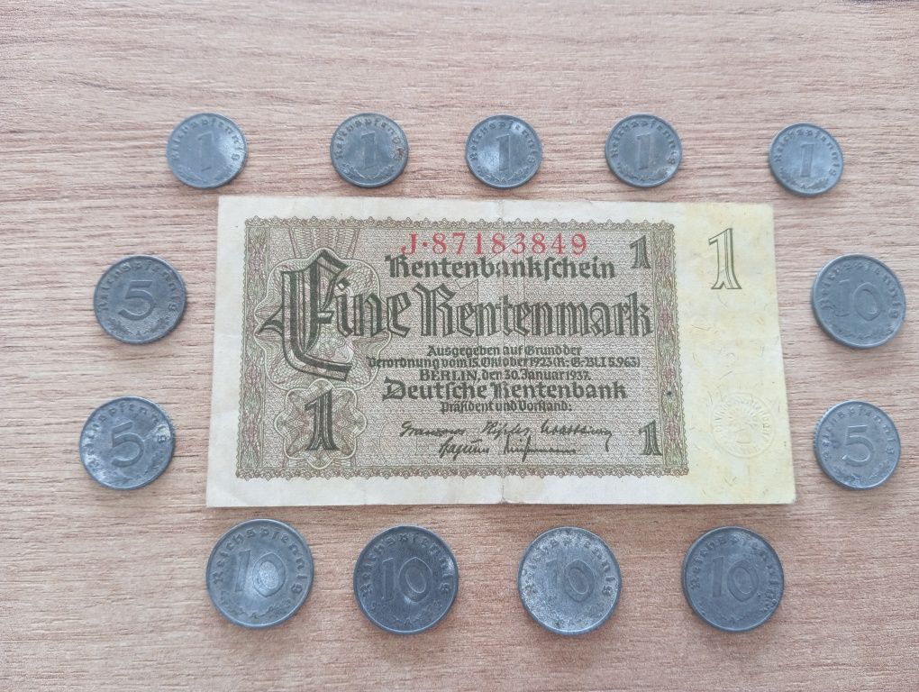 Banknot 1 Rentmark 1937 + Monety III Rzesza 1, 5, 10 Reichspfenning