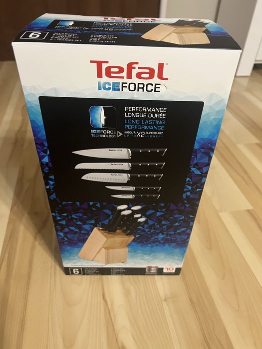 Nowy zestaw 5 noży Tefal Ice Force ze stali + drewniany blok