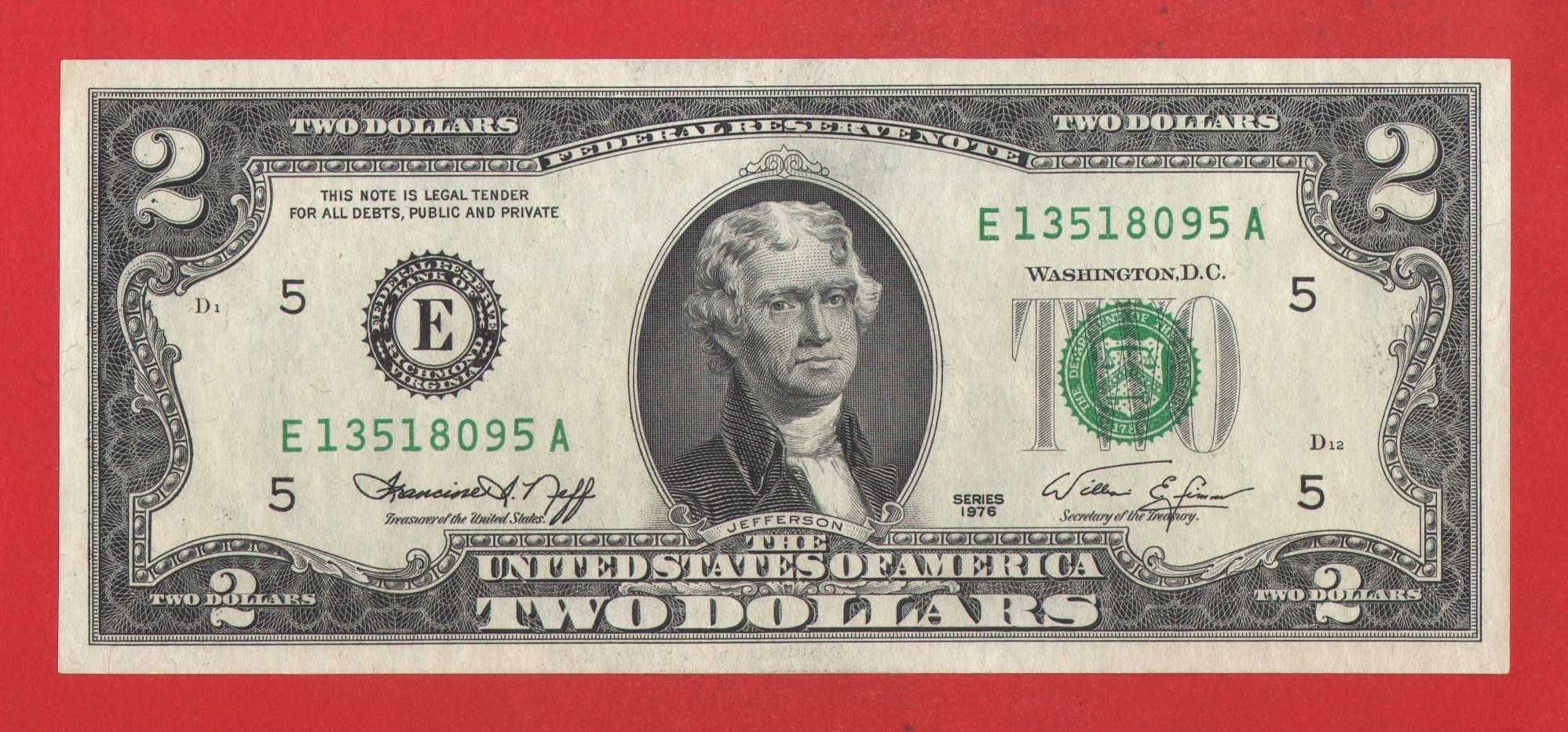 Банкнота, купюра 2 $ доллара 1976 р, два долари