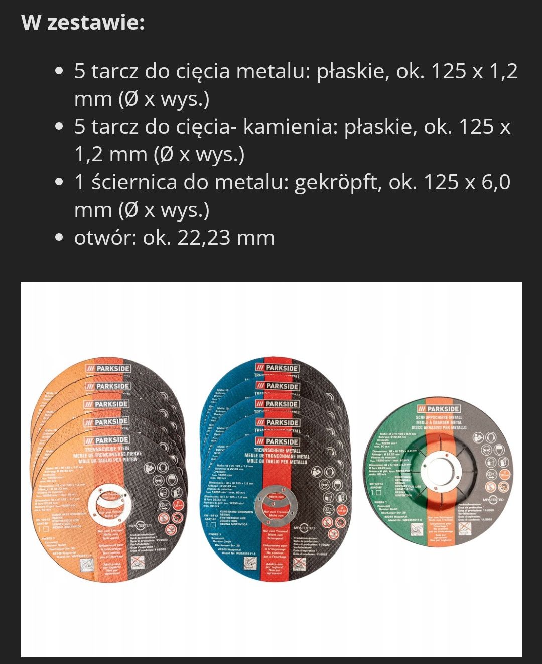 Tarcze do cięcia 125mm 11szt parkside