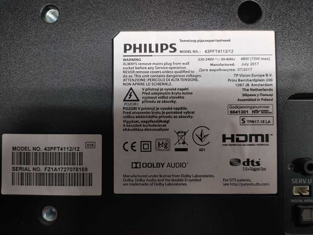 TV LCD PHILIPS 43PFT4112.12 v018 715G8991.C0B.000.004Y  W29N01GVSIAA