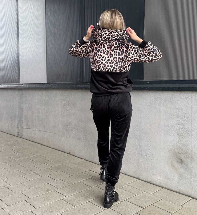 Dresy damskie welurowe w panterkę spodnie + bluza czarne r.S wys.24h