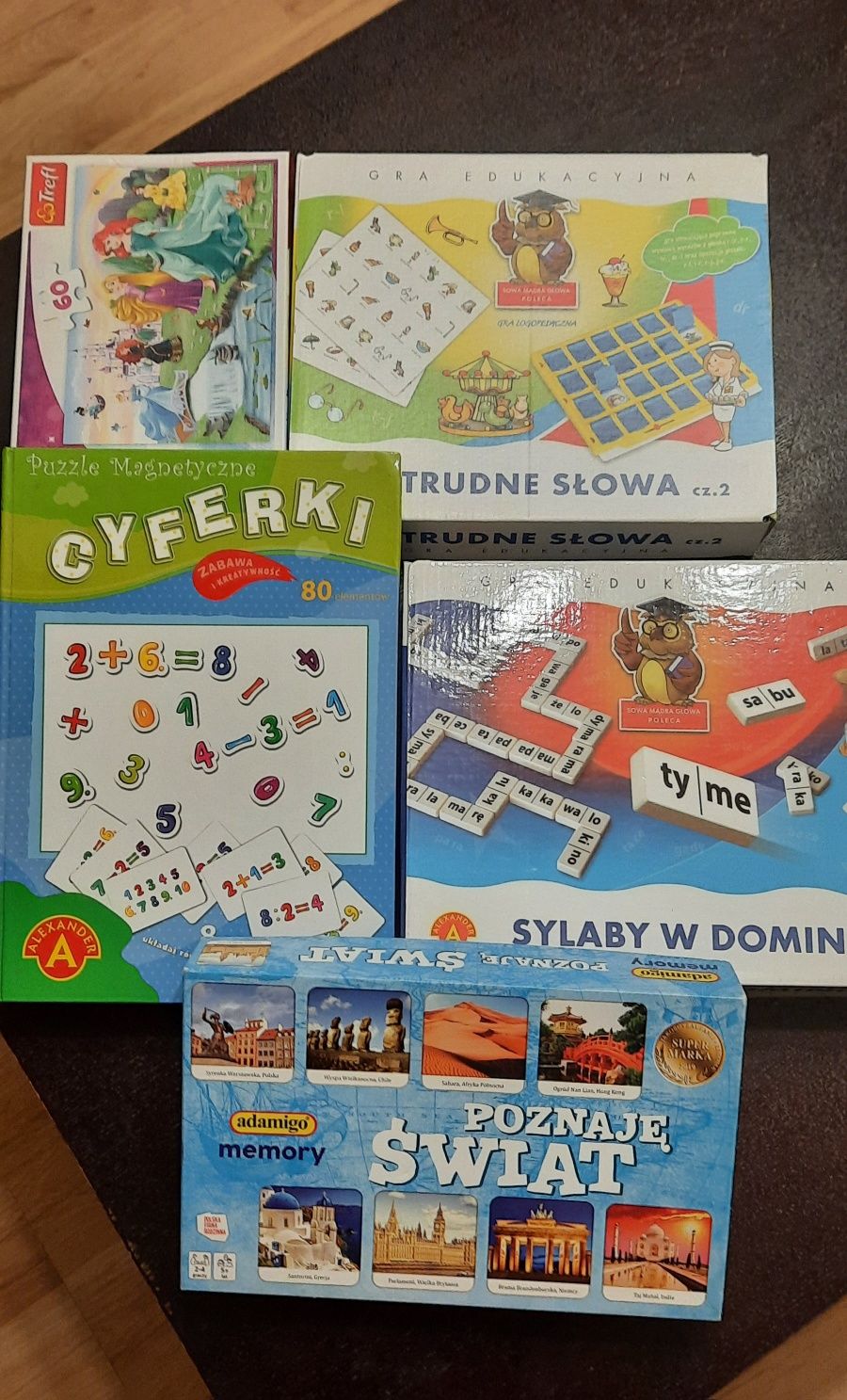 Zestaw 5 x gry aleksander trefl puzzle edukacja sylaby cyferki memory