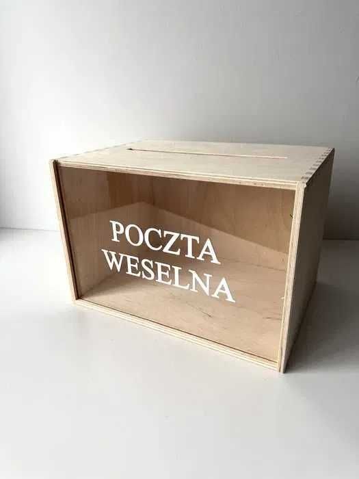 Drewniane pudełko na koperty poczta weselna front pleksi wesele ślub