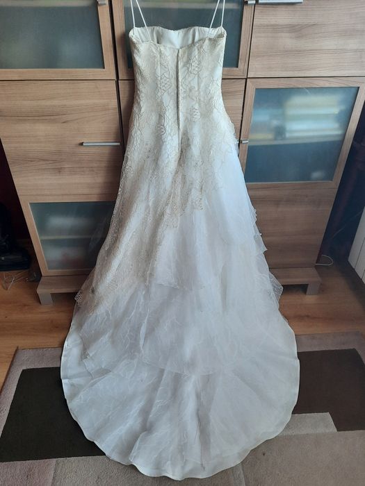 Suknia ślubna ecru, gorset, organza, cekiny