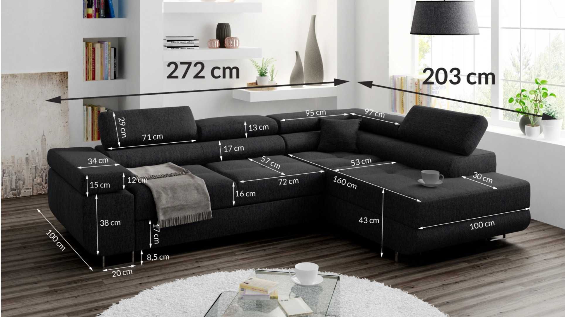 Duży Rozkładany narożnik MALMO kanapa sofa Regulowane Zagłówki łóżko