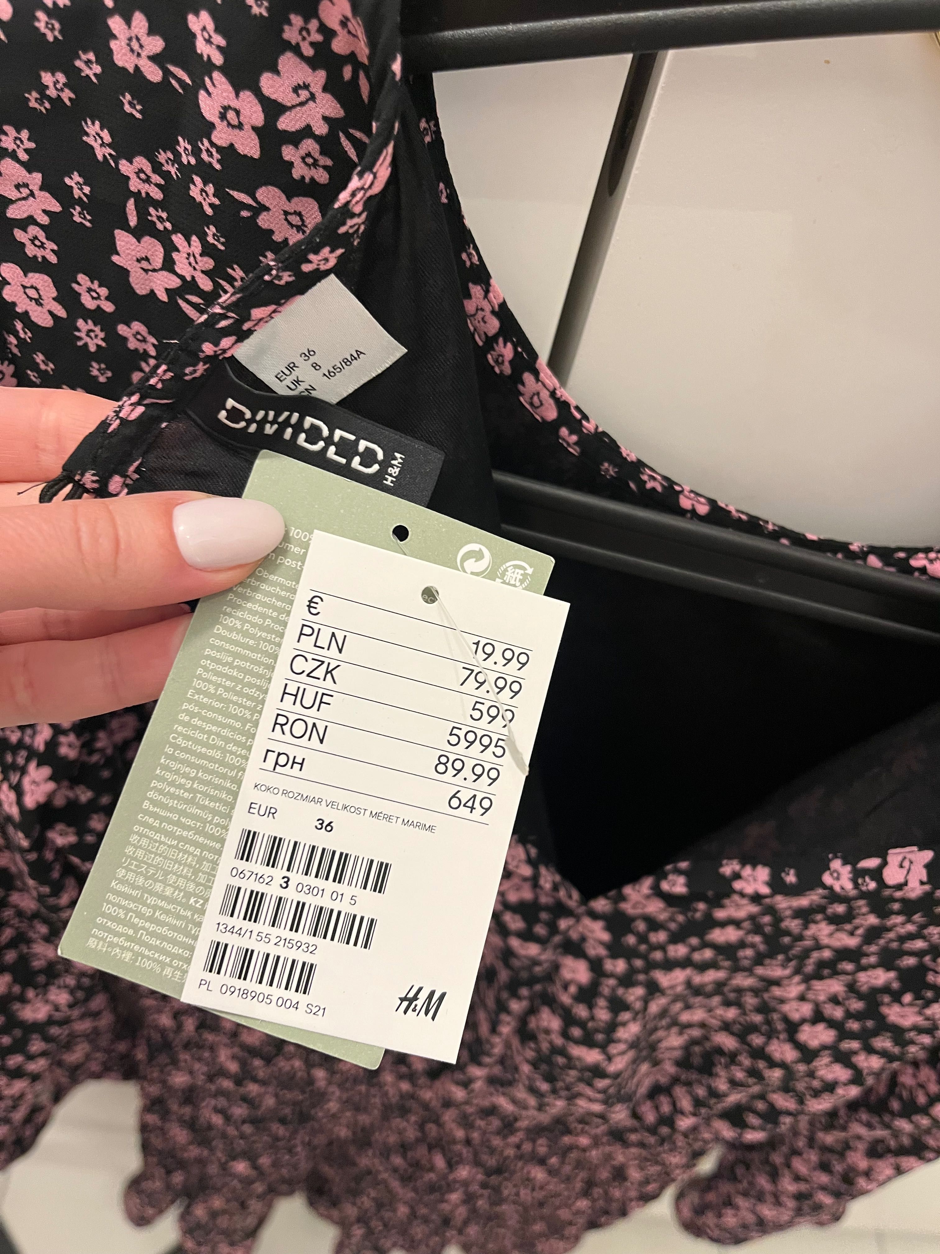 Sukienka czarna w różowe kwiaty mini H&M rozm. S nowa