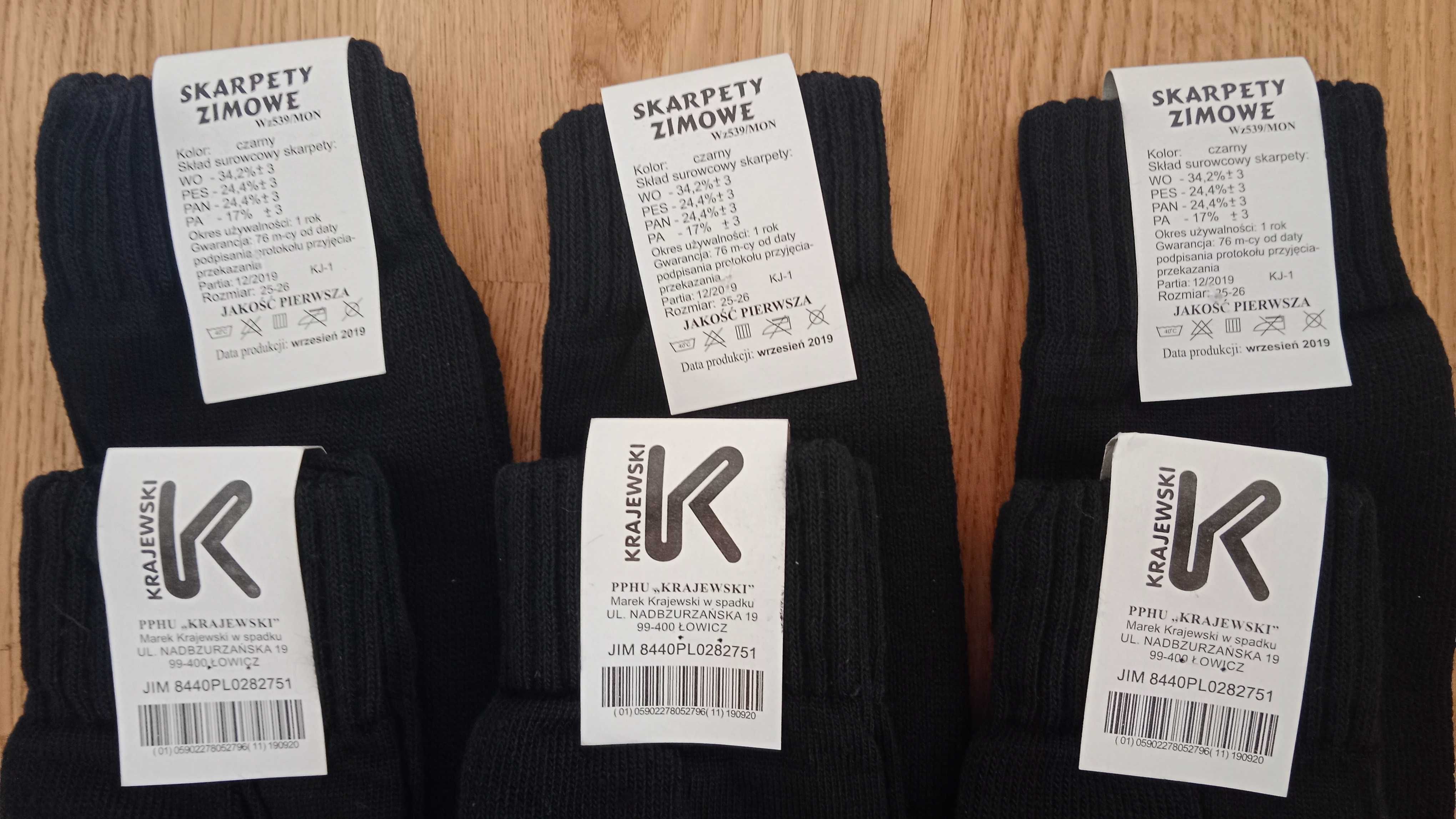 Nowe skarpety zimowe 539/MON, czarne, rozmiar 25-26, KRAJEWSKI