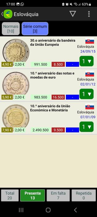 35 moedas UNC comemorativas 2 euros