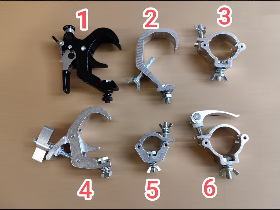 Гаки для підвісу, струбцини, томаси, кріплення для світлових приладів