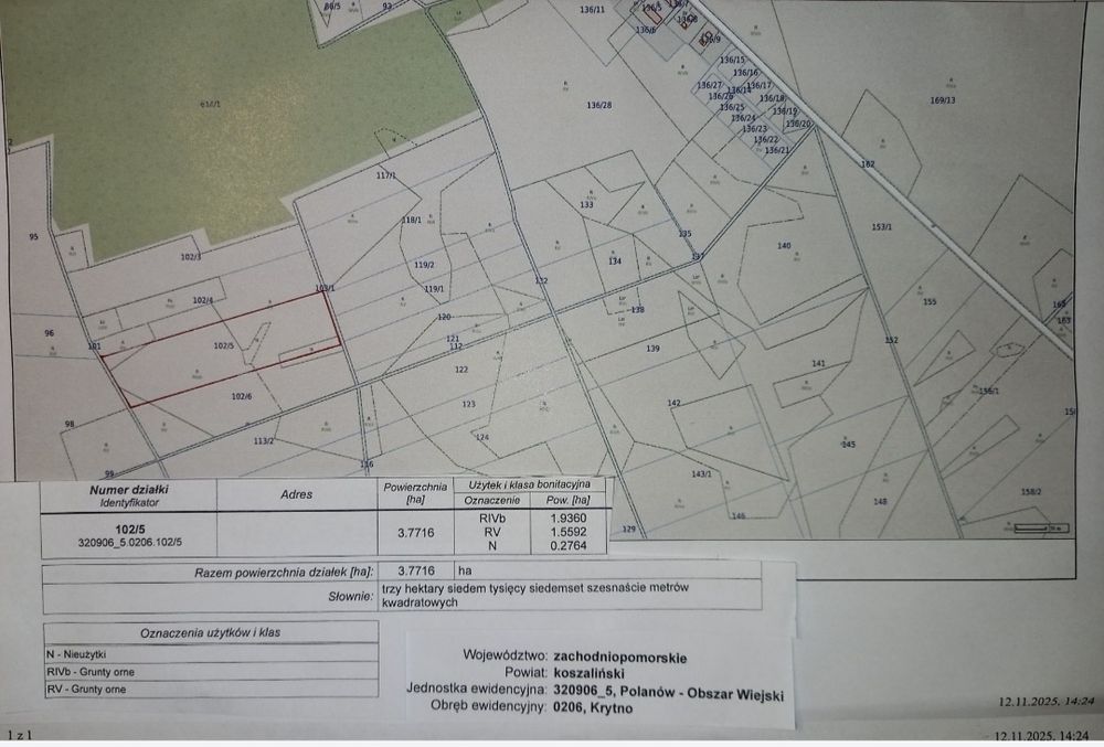 Nieruchomość rolna grunt rolny 3.7716 ha Krytno gm Polanów