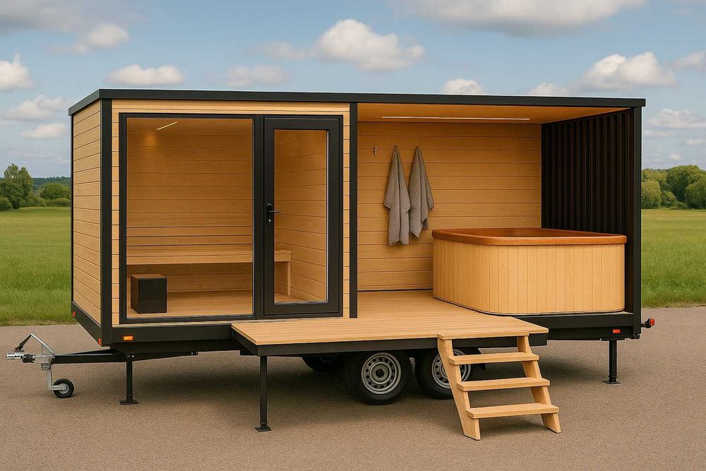 Mobilna sauna z jacuzzi piecem przyczepą schodki balia basen transport