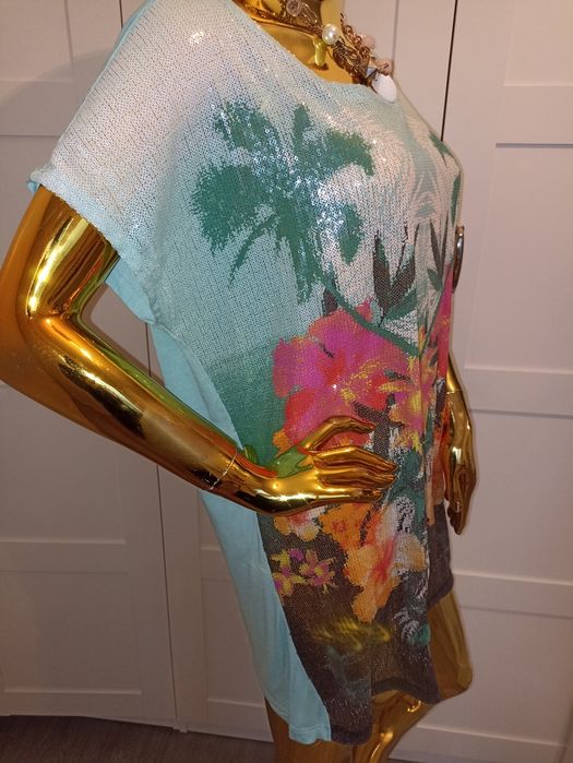 Cekinowa tunika H&M w kwiaty turkus Rozmiar S/M/L