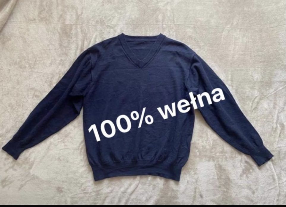 Granatowy sweter męski 100% lana wool wełna w serek klasyczny