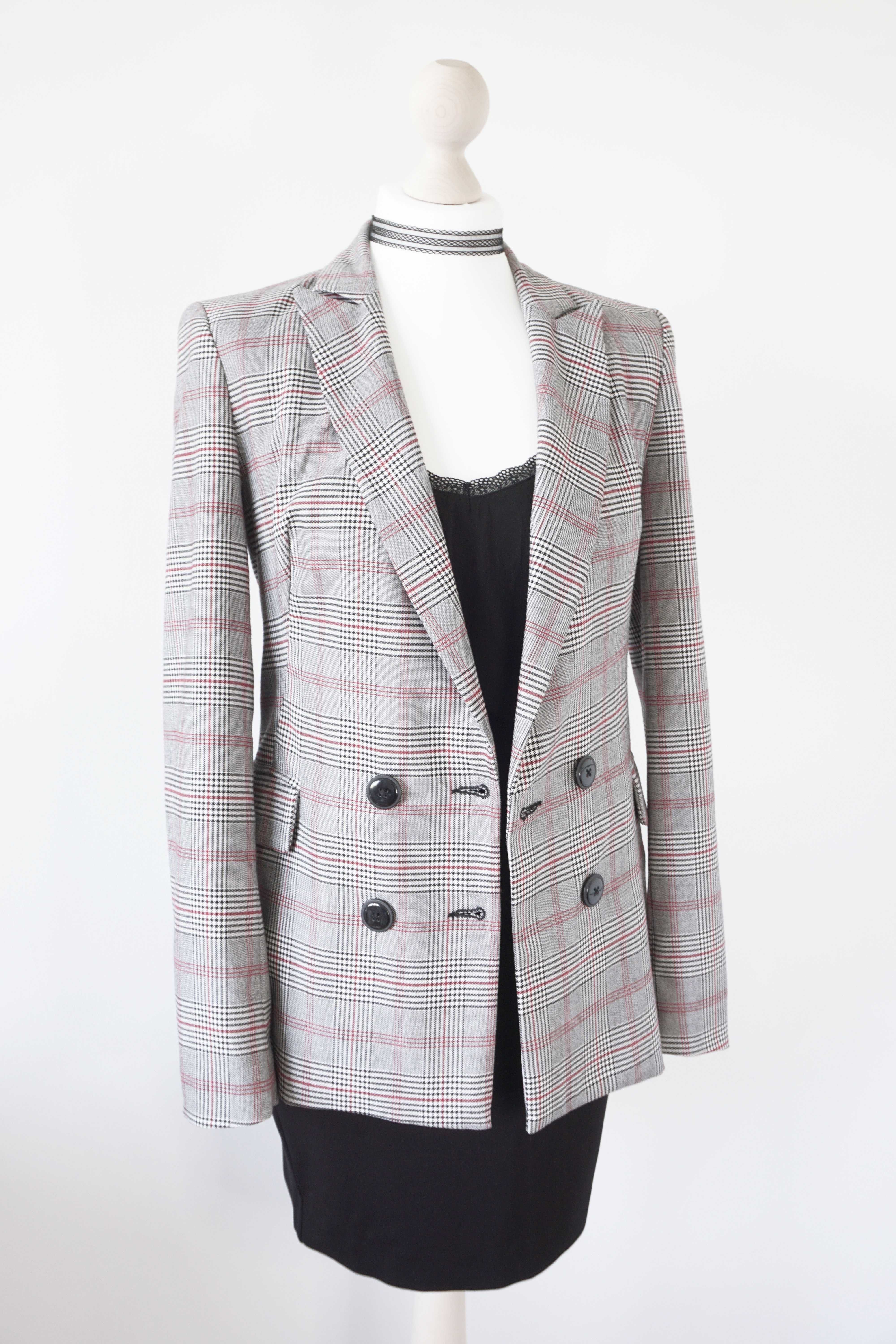 Dwurzędowa marynarka / żakiet w kratę, klasyczna elegancka XS S