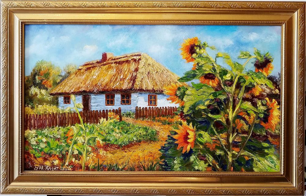 Obraz olejny na płótnie w ramie 41x63,5 cm "Chata i słoneczniki"