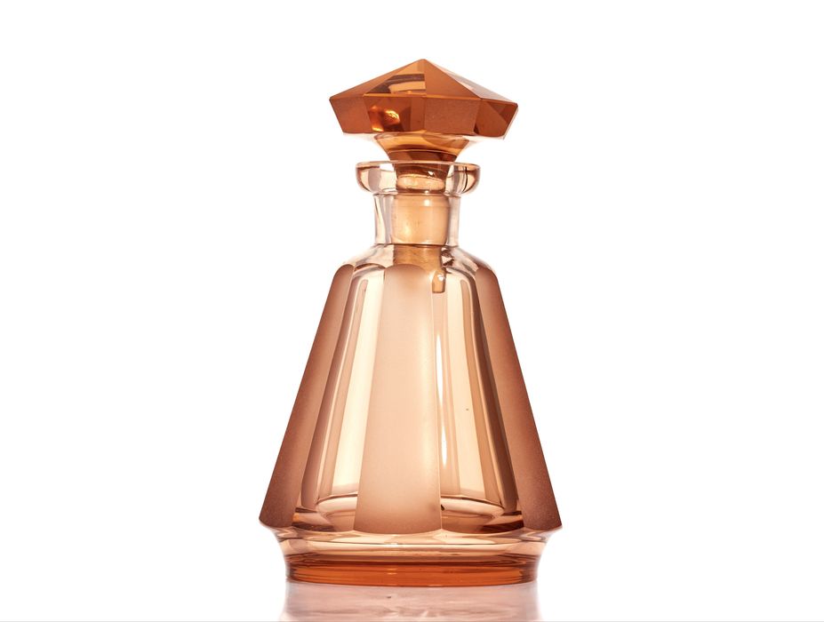 Piękna Rozalinowa / łososiowa karafka art deco Moser, Czechosłowacja