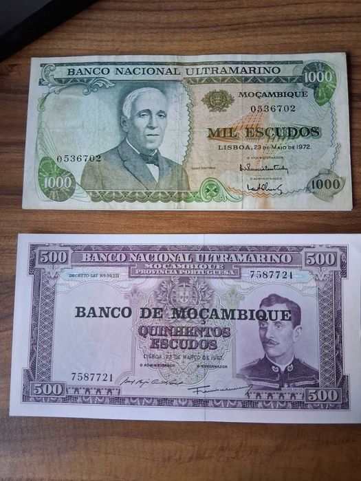 Notas Moçambique de 50, 100, 500 e 1000 escudos