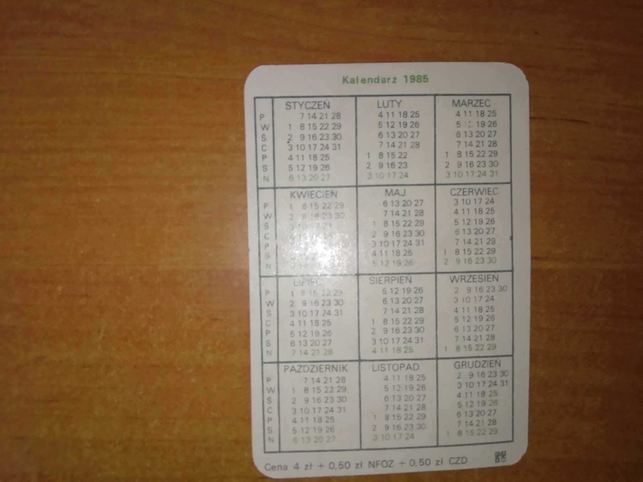 Kalendarz kalendarzyk 1985 kieszonkowy kartka z kalendarza PRL