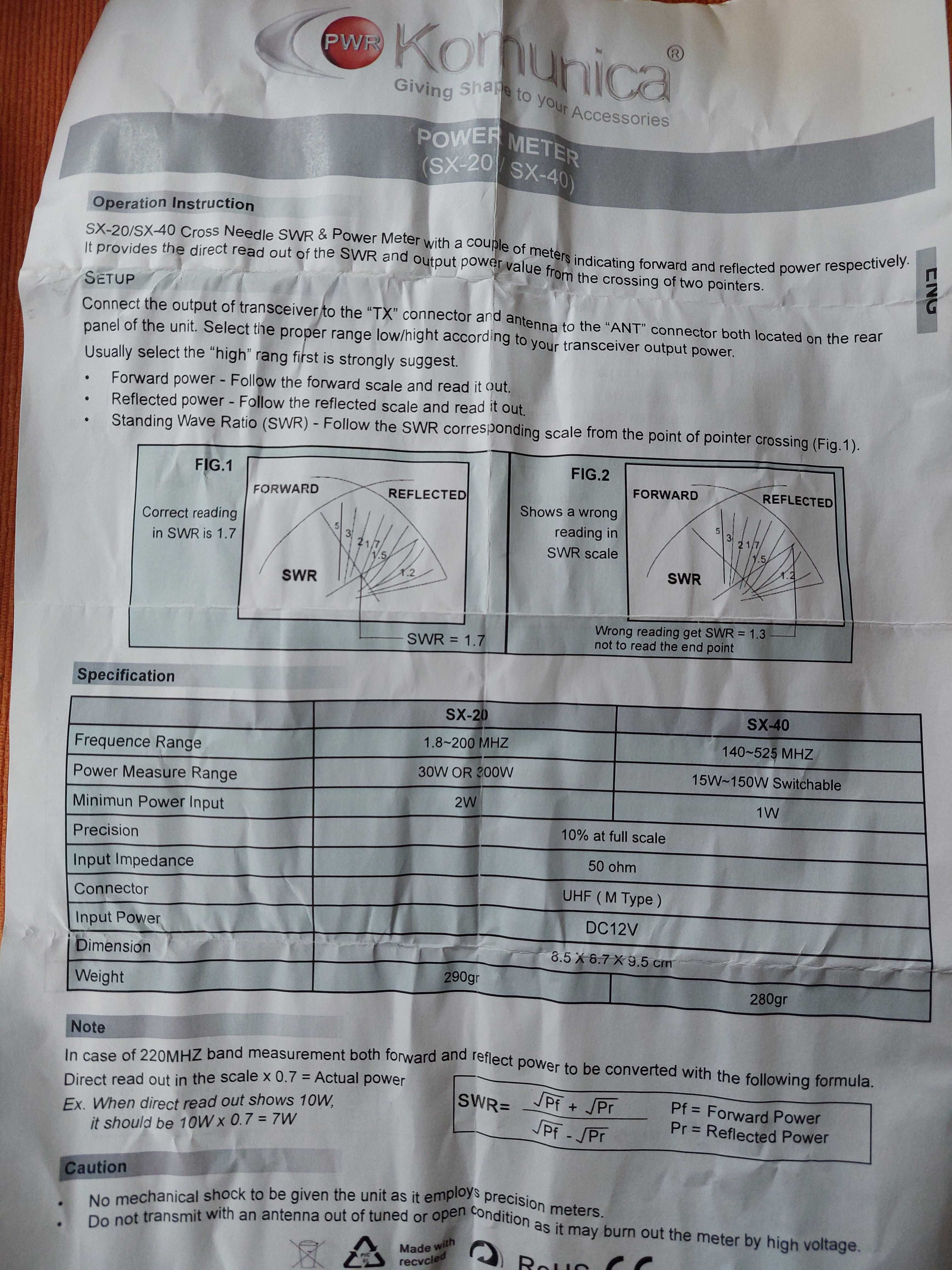 SWR SX-20 krzyżowy oraz miernik mocy 1.8-200MHz - Gwarancja