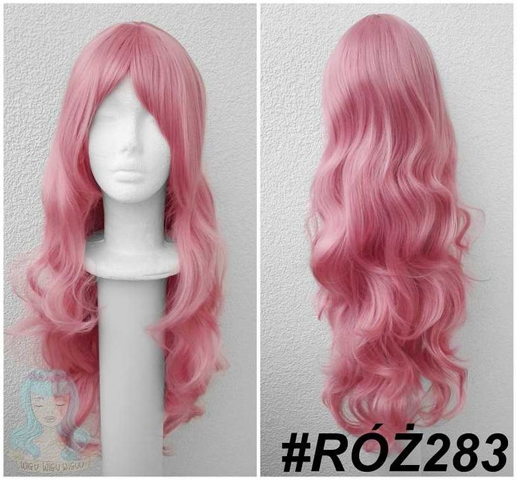 Długa falowana peruka z grzywką falowany wig cosplay różowy długi