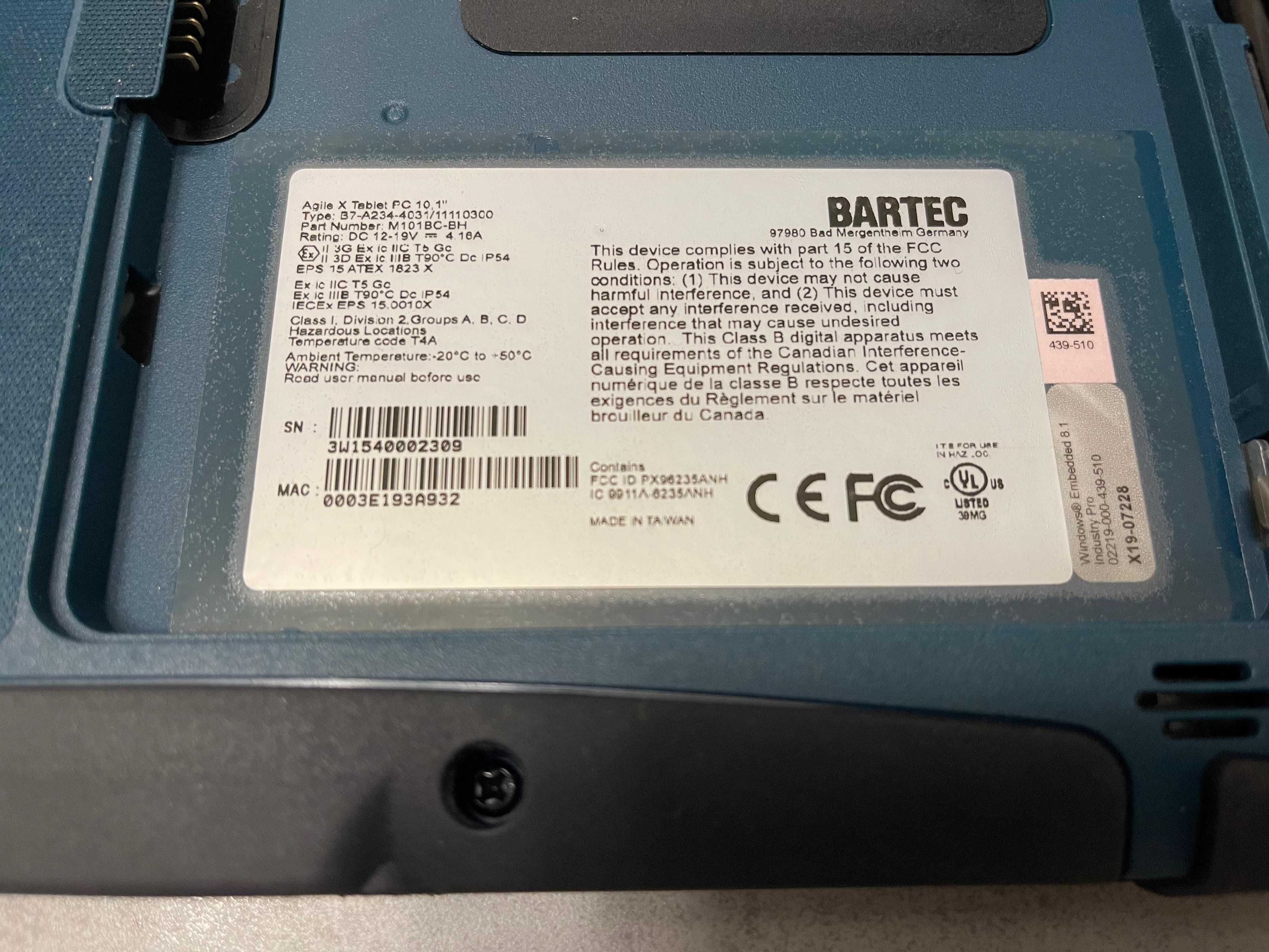 Вибухозахищений планшет Bartec AGILE, 10,1" FHD, Intel N2930 8GB 128GB