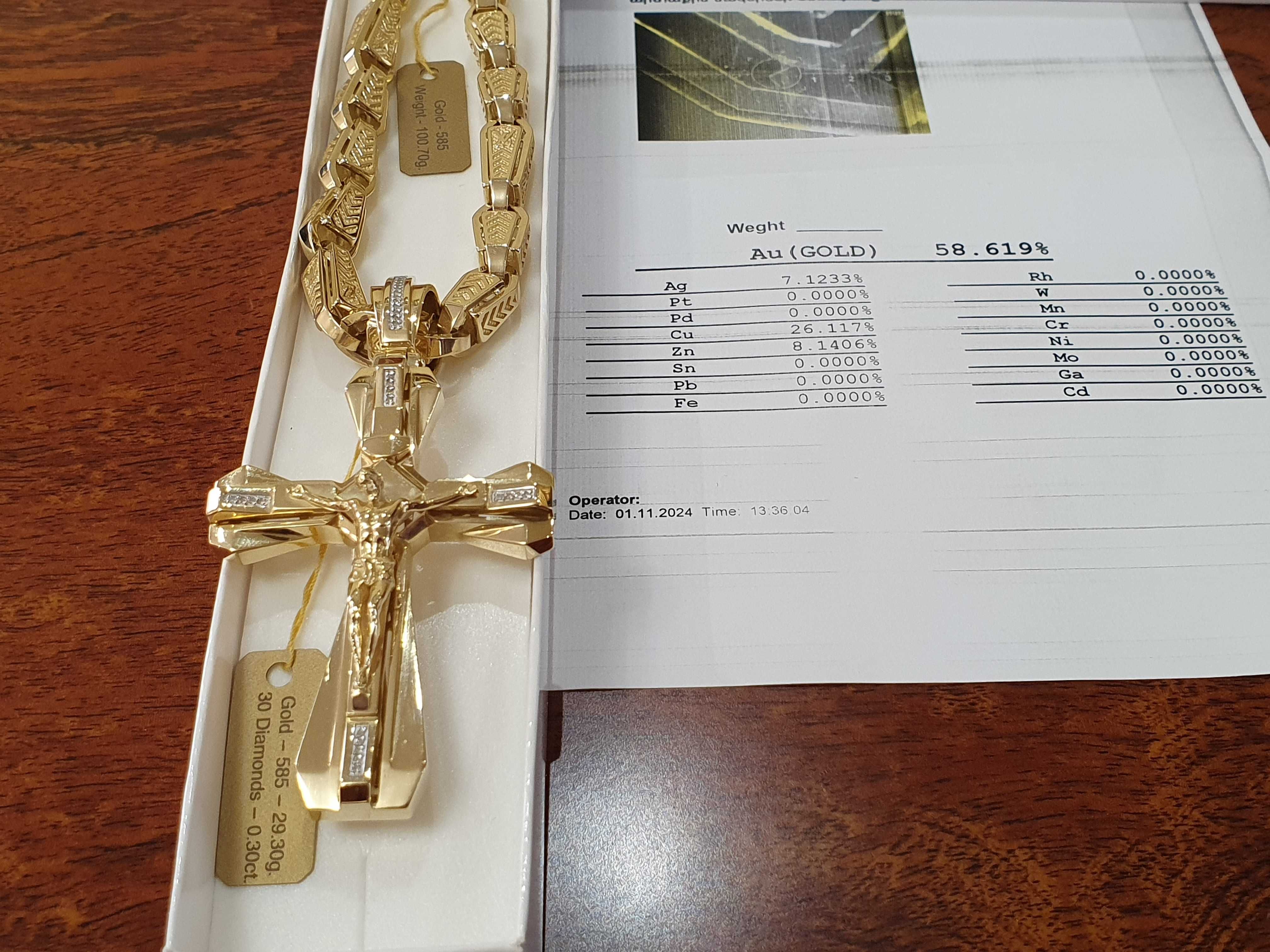 Złoty Łańcuch-130gr+KRZYŻ Z DIAMENTAMI-30szt-Złoty łańcuszek męski 585