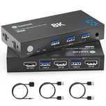 8K/60HZ,3 USB 3.0 DisplayPort KVM Switch 1 Monitor vs 2 PC/Mac, DP 1.4