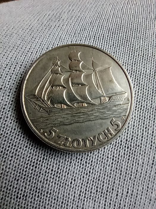 Srebrna moneta 5 zł. żaglowiec 1936 r.