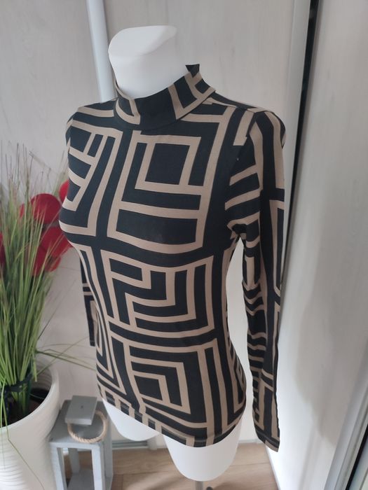 Bluzka damska , wzór labirynt, czarny z karmelowym , roz xs , nowa ,