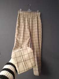 Beżowe spodnie na gumce, w kratkę kratę cygaretki proste 36 8 S