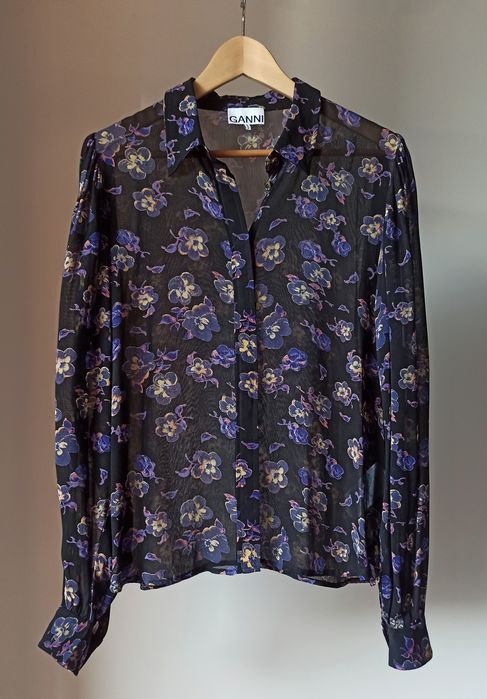 Ganni czarna bluzka koszula w kwiaty z wiskozy