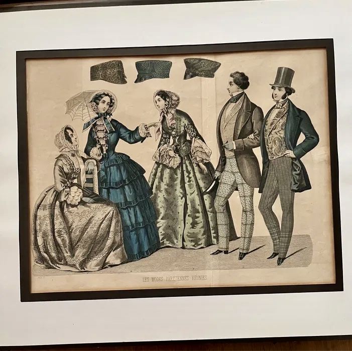 *Stara Piękna Moda Biedermeier XIX Francja Suknia Frak Obraz grafika