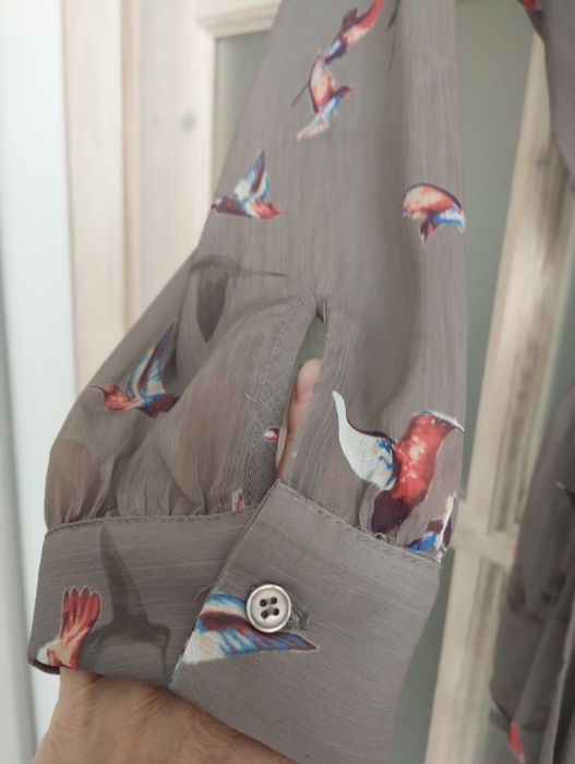 Koszula bluzka zawiązywana zakładana ptaki brązowa szyfon L  40-42