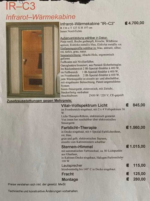 Sauna kabina grzewcza na podczerwień IR-C3  2os 2400 W