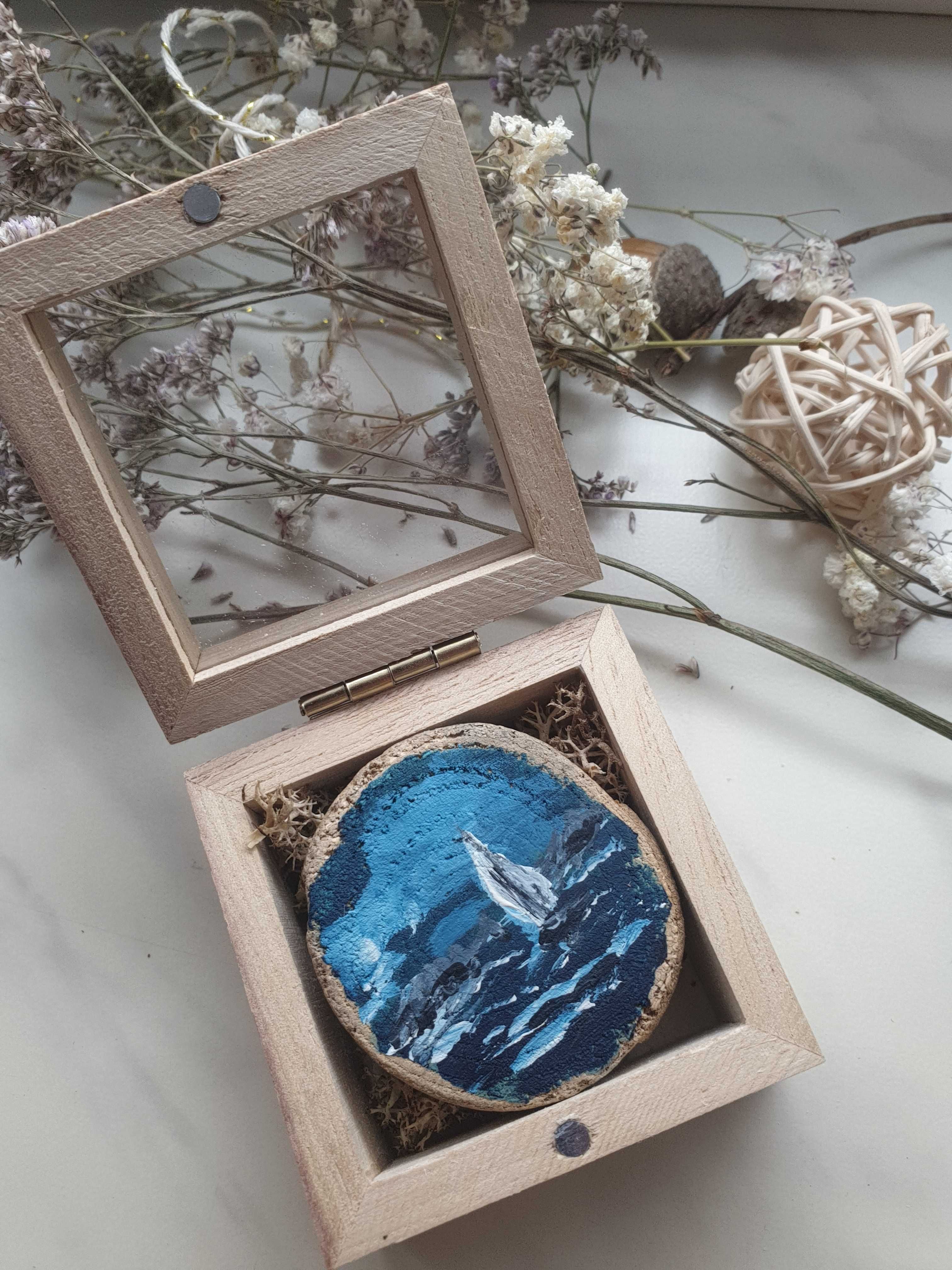 Obraz-magnes na lodówkę ręcznie malowany na drewnie "Morze" +szkatułka