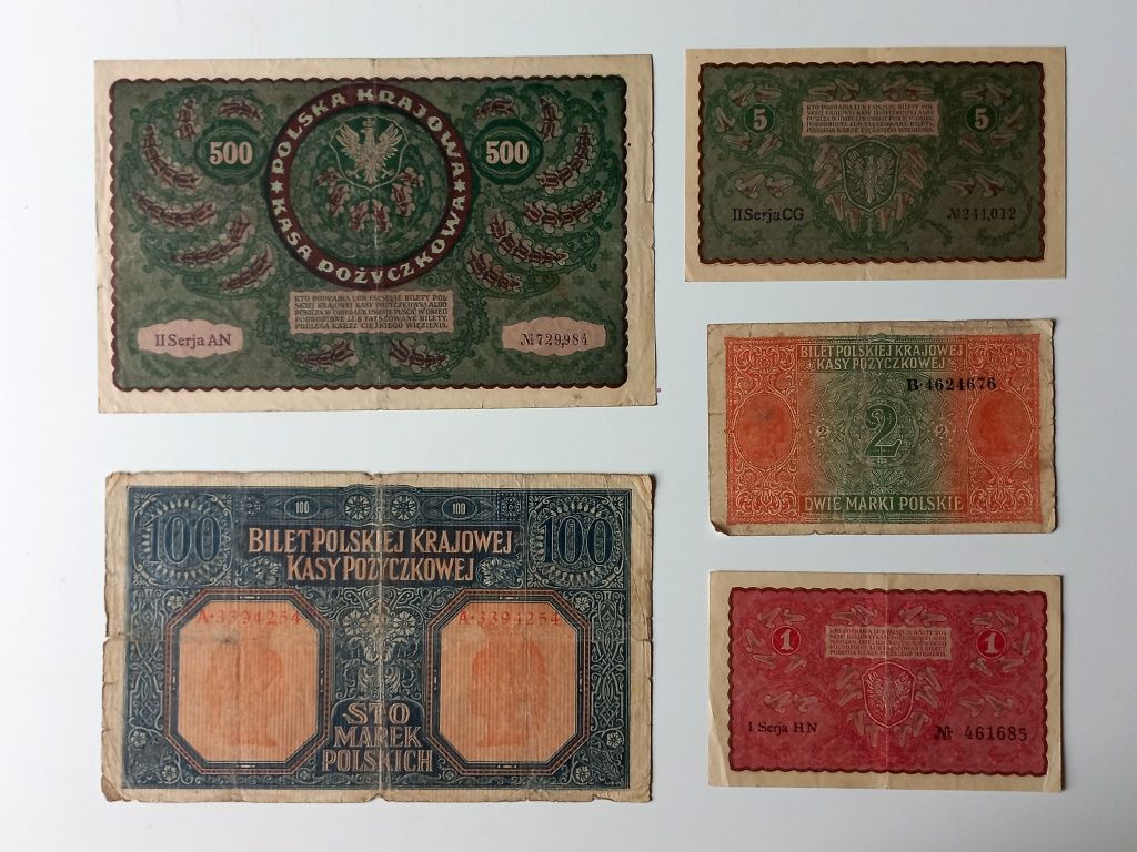 500, 100 (1916r), 5, 2, 1 (1916r)- Marek Polskich, banknot, pieniądz
