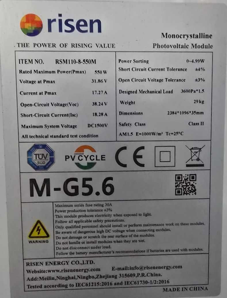 Painel Solar Risen Energy 540W-550W - Alta Eficiência