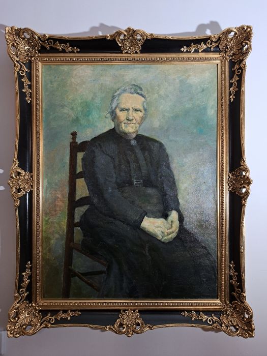 "Ciekawy portret starszej damy".Obraz olejny na płótnie.