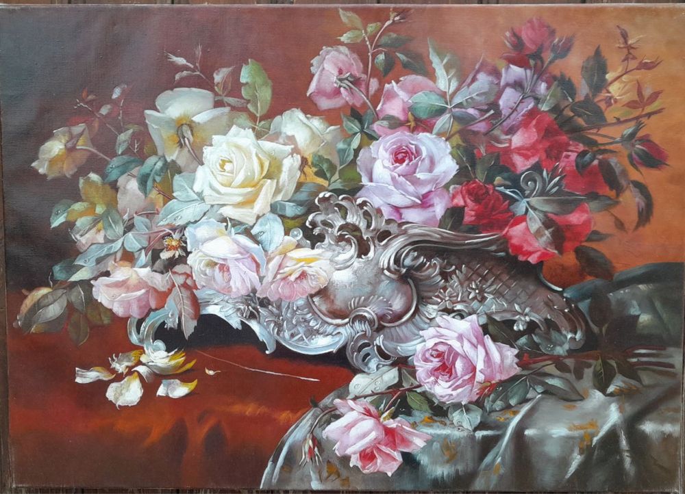 Картина авторская «Розы в серебряной вазе»