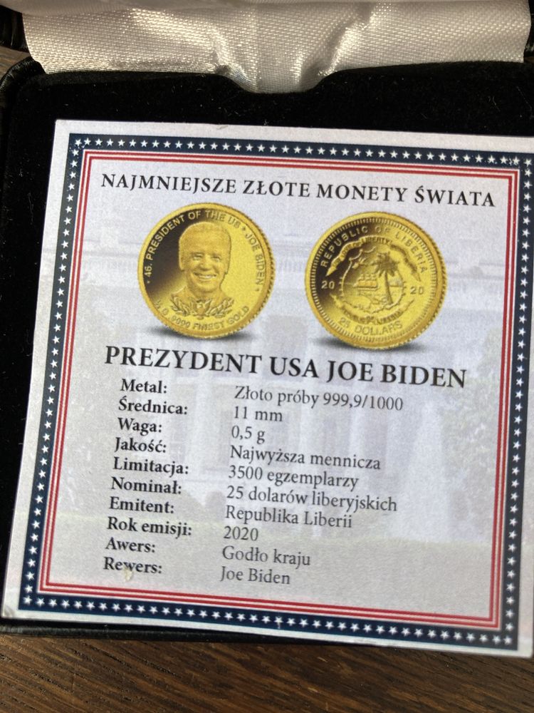 Złota moneta Joe Biden Prezydent USA Au 999 UNIKAT