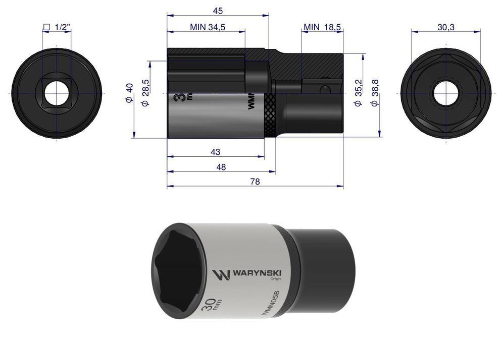 Nasadka sześciokątna 1/2". 30 mm. długa. CrV50BV30. DIN 3124. Waryński