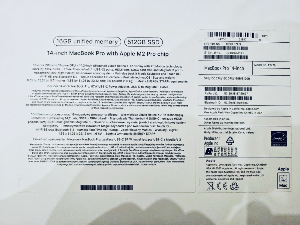 Laptop MacBook 14 Pro Witch Apple M2 Pro Chip 512 SSD