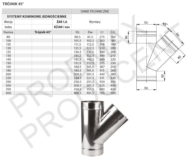 OKAZJA!!! WKŁAD Kominowy TRÓJNIK 45 ST FI 160 Żaroodporny PRODUCENT