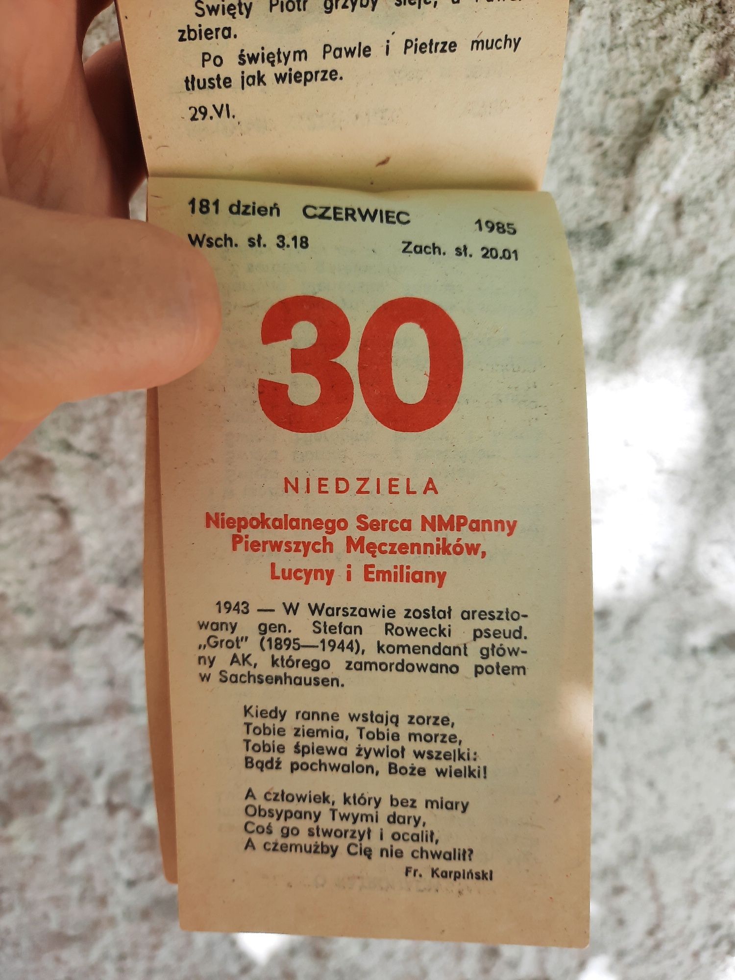 Kalendarz listkowy zdzierak 1985  [I polrocze]
