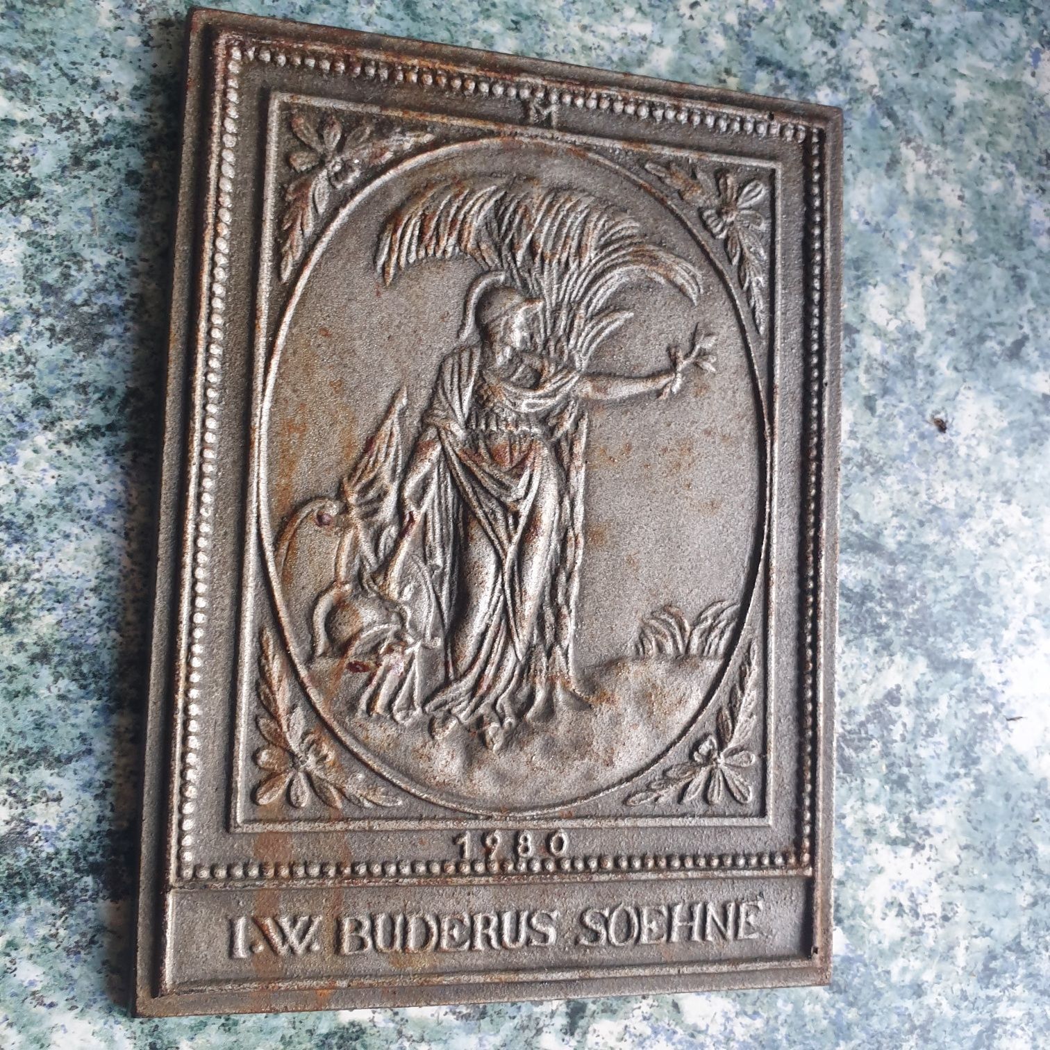 Cast Iron Plaque I.W Buderus Soehne 1980 ornate relief/Alegoria Pokoju