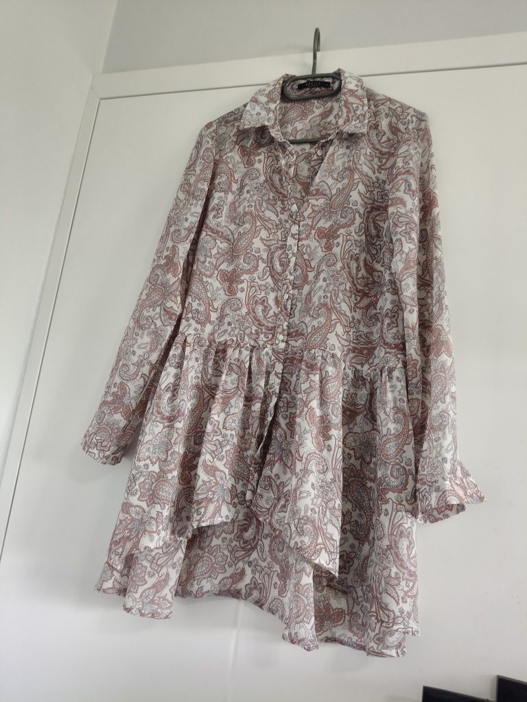 Długa koszula mohito bluzka falbany kwiaty long blouse tunika S