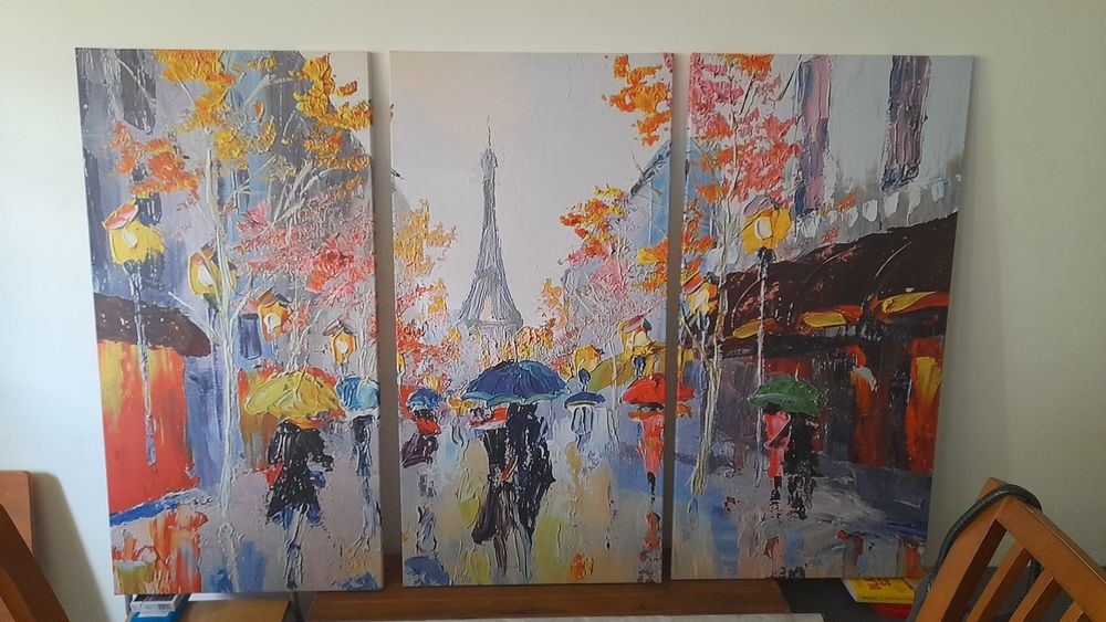 Obraz na płotnie Deszczowy Paryz 113x171 cm. Tryptyk