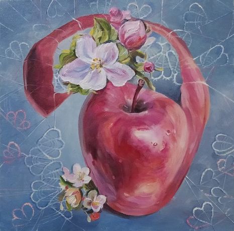 Картина маслом на холсте, сюрреализм. Яблоко, цветы.