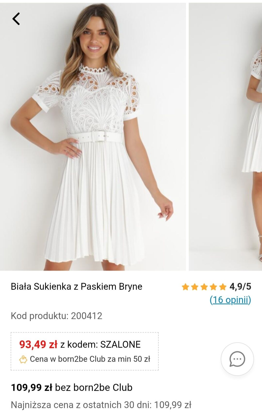 Biała sukienka midi z koronką i paskiem
